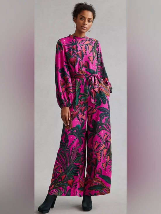 FARM Rio Pants - FARM Rio Tropical Fuchsia Wide-Leg Jumpsuit Tie Waist Large Tropical Resort